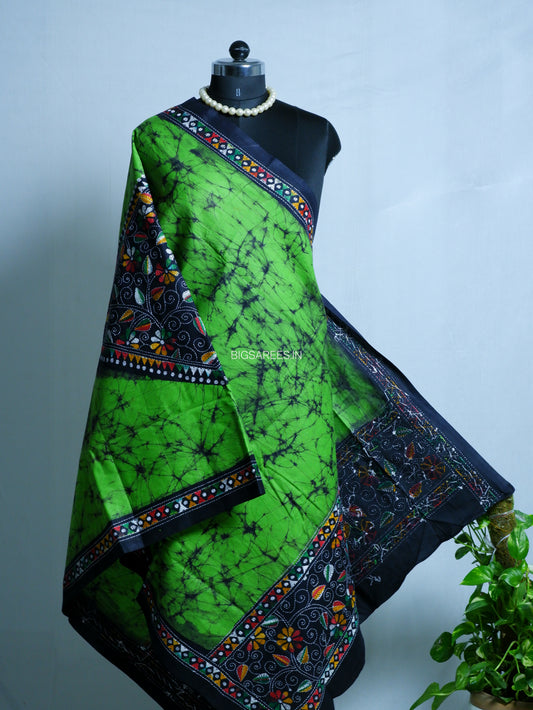 Hand Batik & Kantha Embroidered Dupatta | Cotton | Green/Black