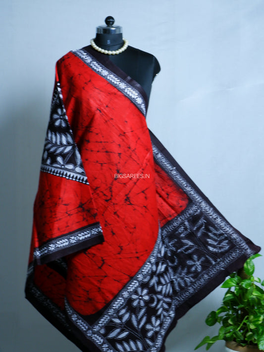 Hand Batik & Kantha Embroidered Dupatta | Cotton | Red/Black