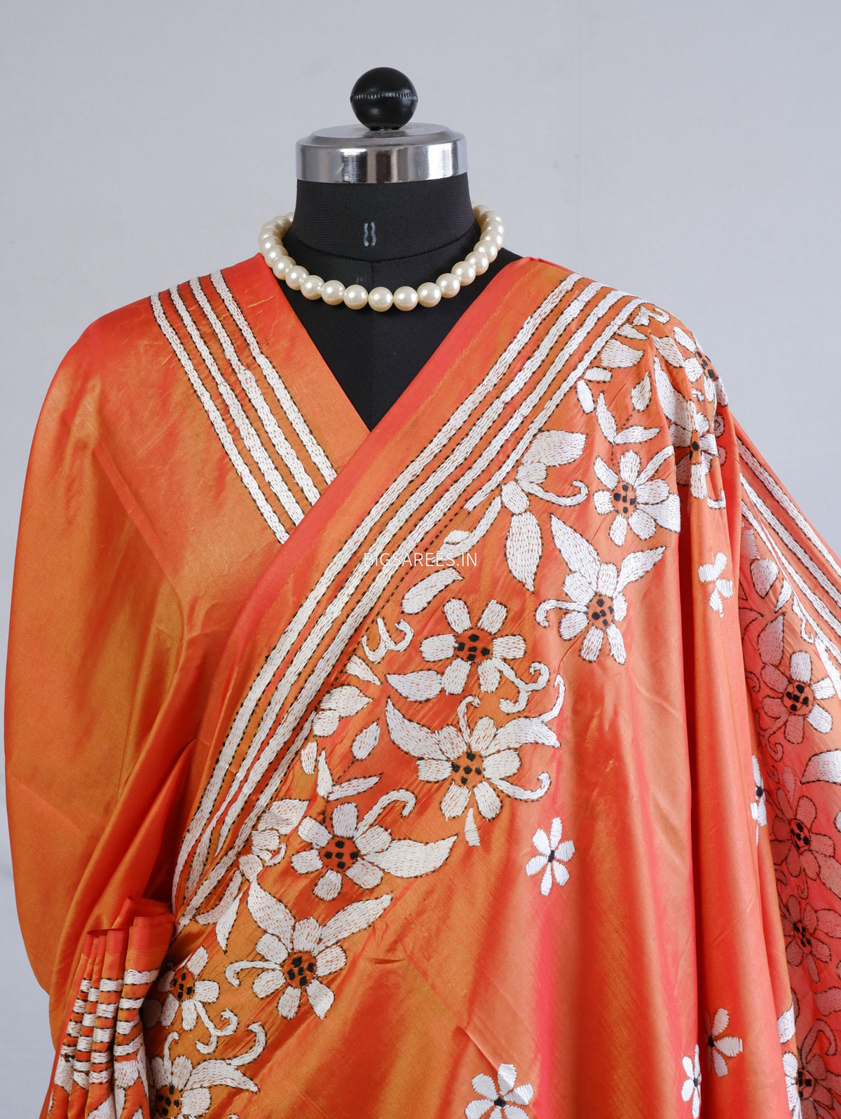 Kantha - Stitch Hand Embroidered Saree | Blended Bangalore Silk / Art Silk | Orange