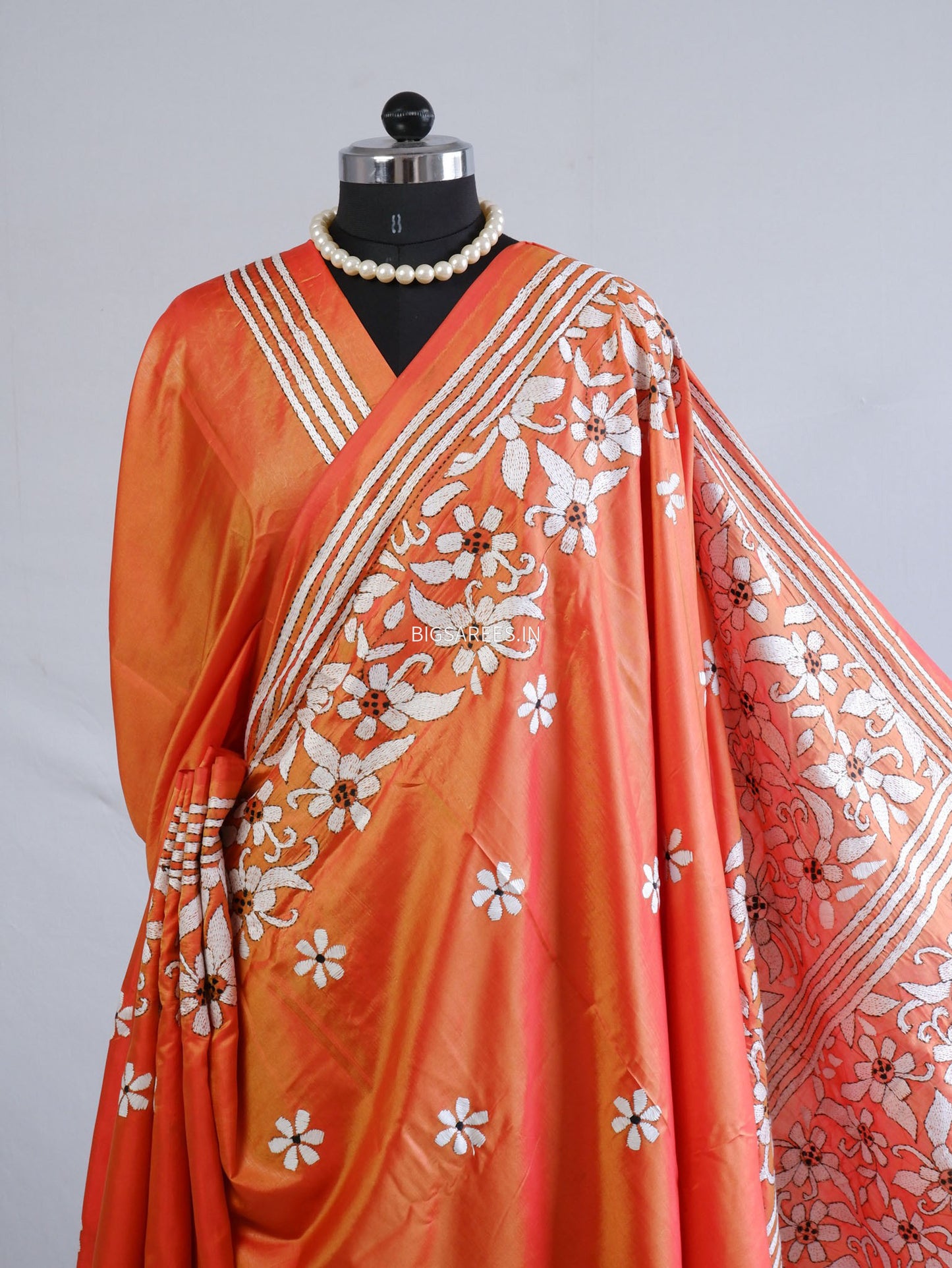 Kantha - Stitch Hand Embroidered Saree | Blended Bangalore Silk / Art Silk | Orange
