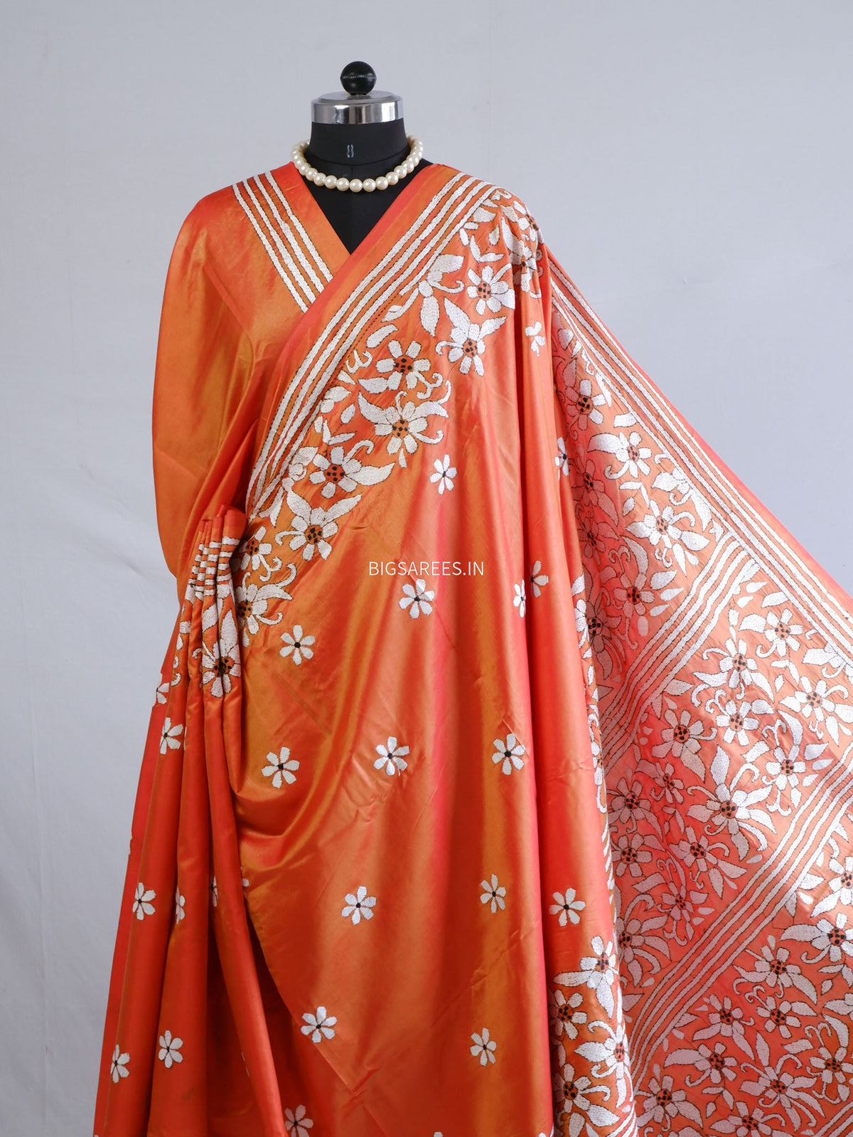Kantha - Stitch Hand Embroidered Saree | Blended Bangalore Silk / Art Silk | Orange
