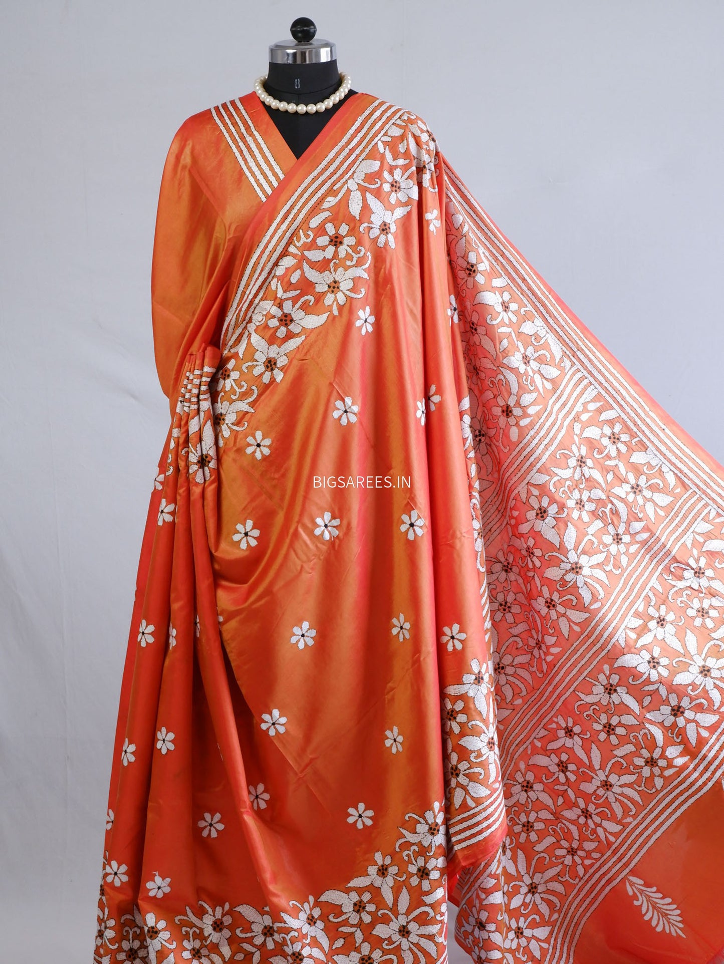 Kantha - Stitch Hand Embroidered Saree | Blended Bangalore Silk / Art Silk | Orange