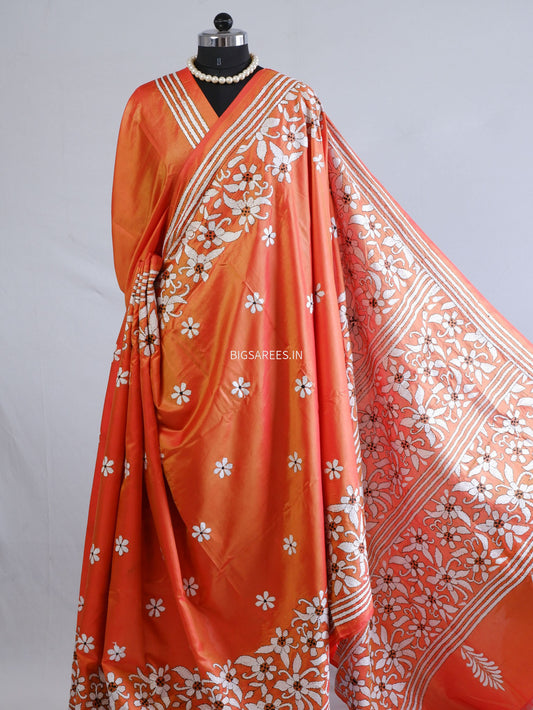 Kantha - Stitch Hand Embroidered Saree | Blended Bangalore Silk / Art Silk | Orange