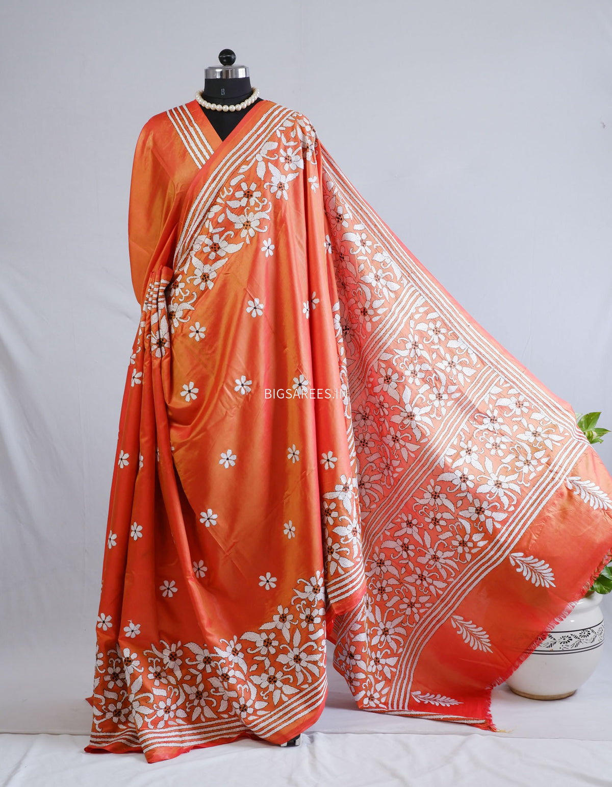 Kantha - Stitch Hand Embroidered Saree | Blended Bangalore Silk / Art Silk | Orange