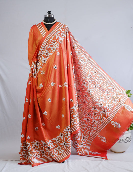 Kantha - Stitch Hand Embroidered Saree | Blended Bangalore Silk / Art Silk | Orange