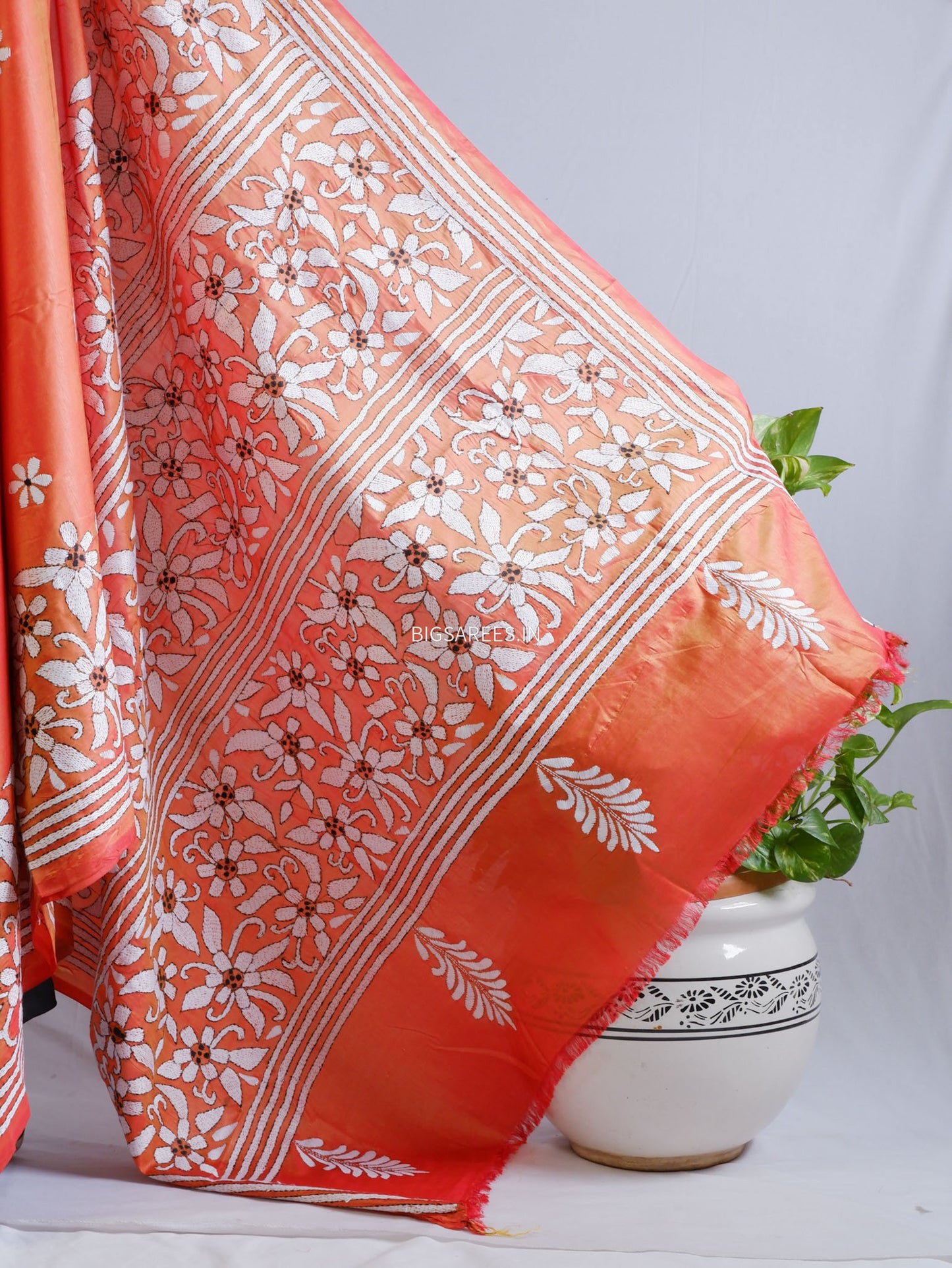 Kantha - Stitch Hand Embroidered Saree | Blended Bangalore Silk / Art Silk | Orange