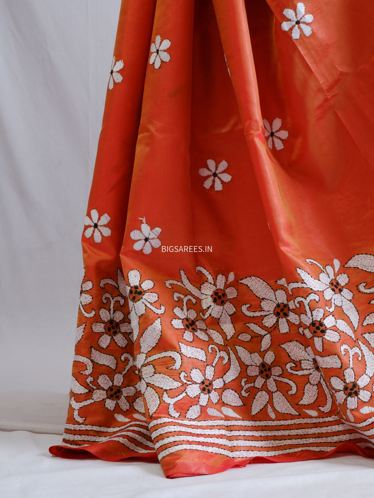 Kantha - Stitch Hand Embroidered Saree | Blended Bangalore Silk / Art Silk | Orange