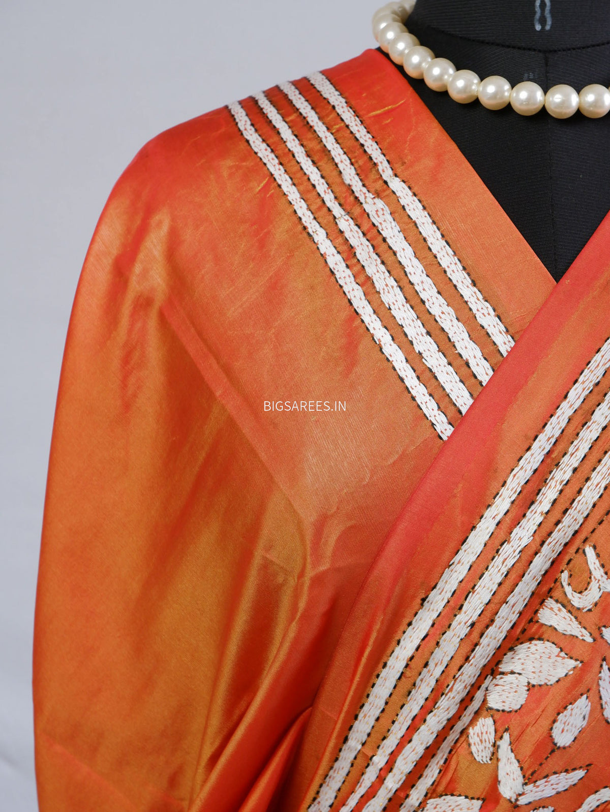 Kantha - Stitch Hand Embroidered Saree | Blended Bangalore Silk / Art Silk | Orange