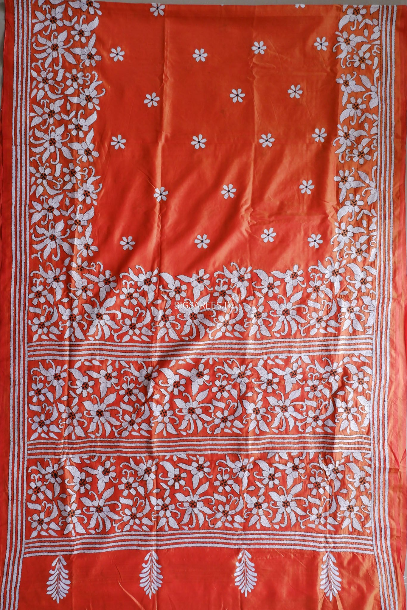 Kantha - Stitch Hand Embroidered Saree | Blended Bangalore Silk / Art Silk | Orange