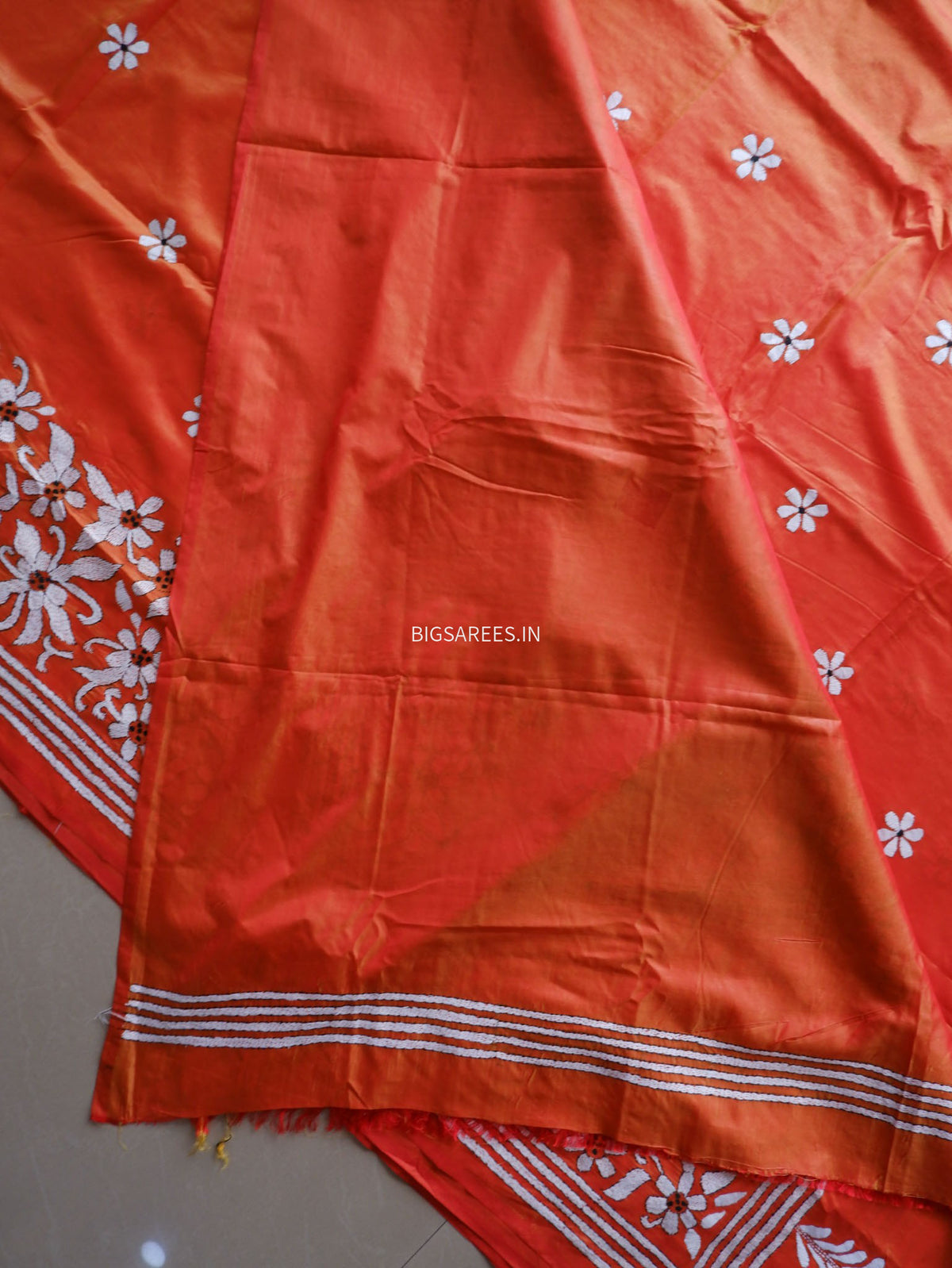 Kantha - Stitch Hand Embroidered Saree | Blended Bangalore Silk / Art Silk | Orange