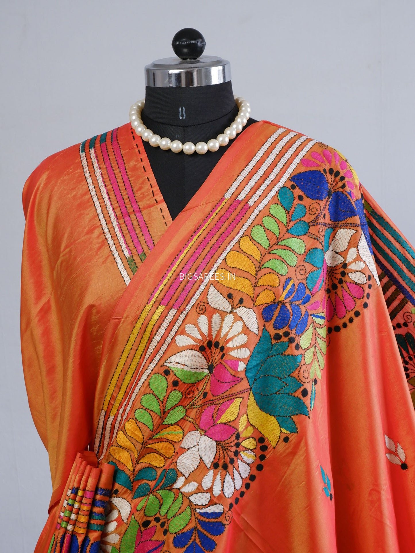 Kantha-Stitch Hand Embroidered Saree | Blended Bangalore Silk / Art Silk | Orange
