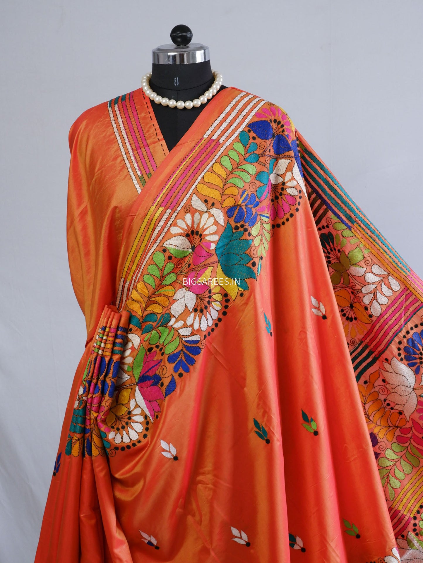 Kantha-Stitch Hand Embroidered Saree | Blended Bangalore Silk / Art Silk | Orange