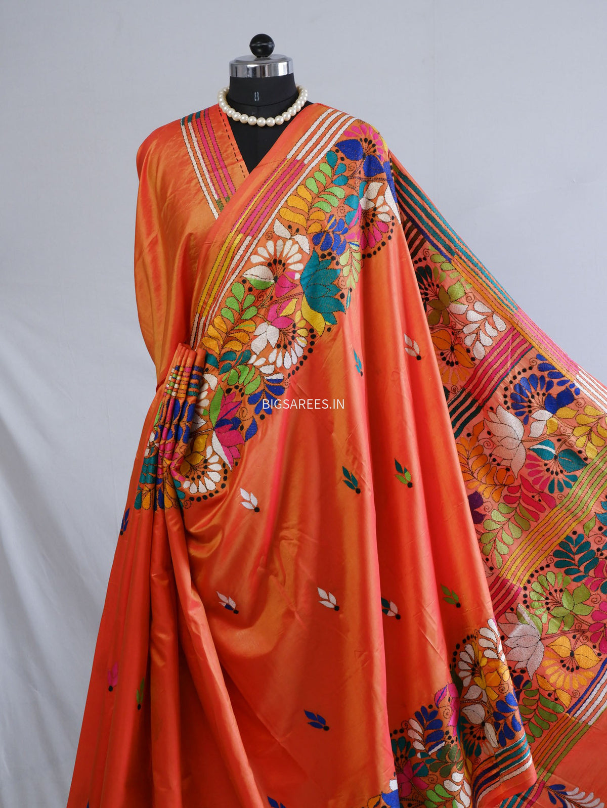 Kantha-Stitch Hand Embroidered Saree | Blended Bangalore Silk / Art Silk | Orange