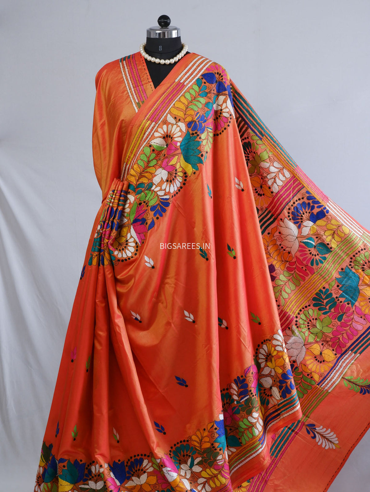 Kantha-Stitch Hand Embroidered Saree | Blended Bangalore Silk / Art Silk | Orange