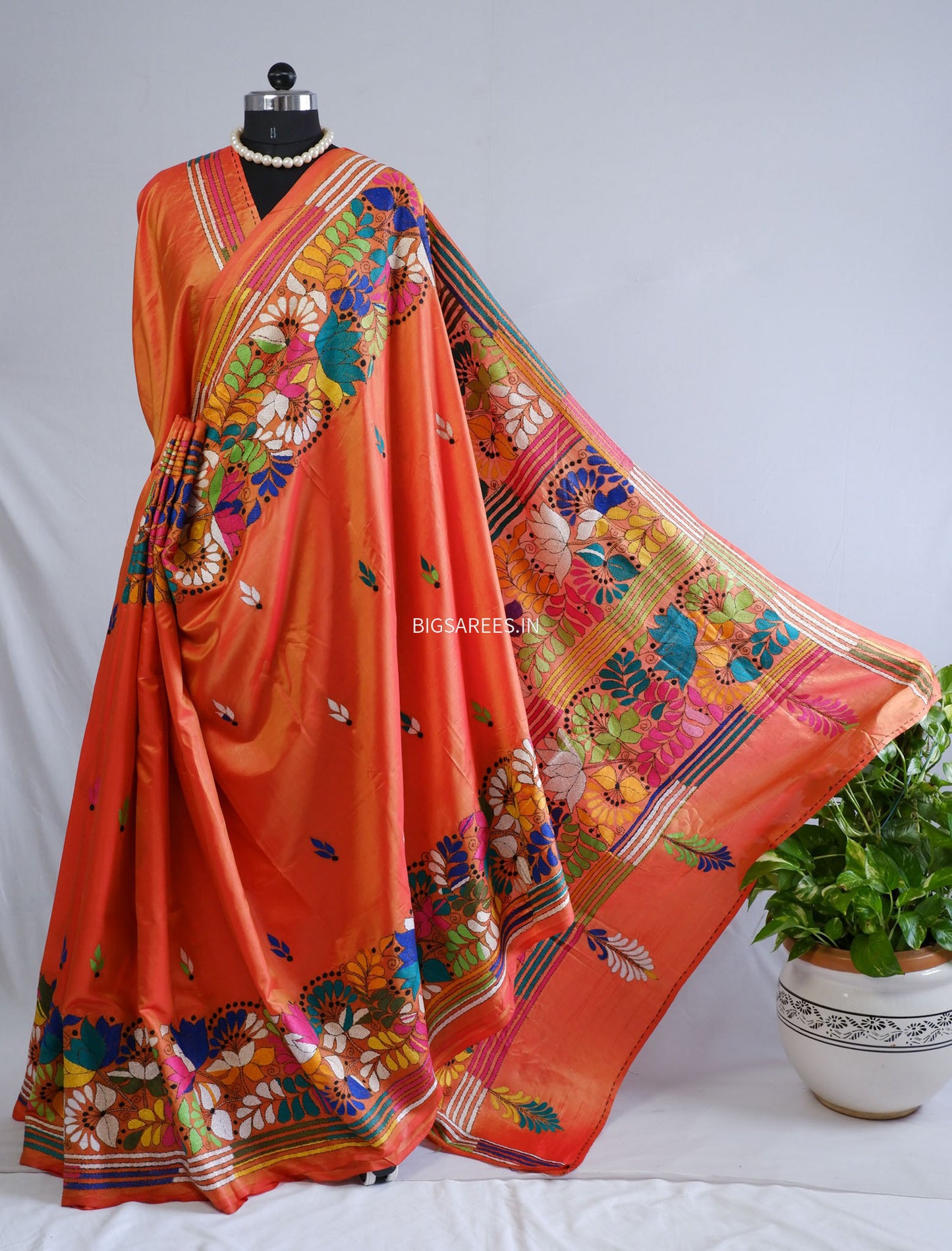 Kantha-Stitch Hand Embroidered Saree | Blended Bangalore Silk / Art Silk | Orange