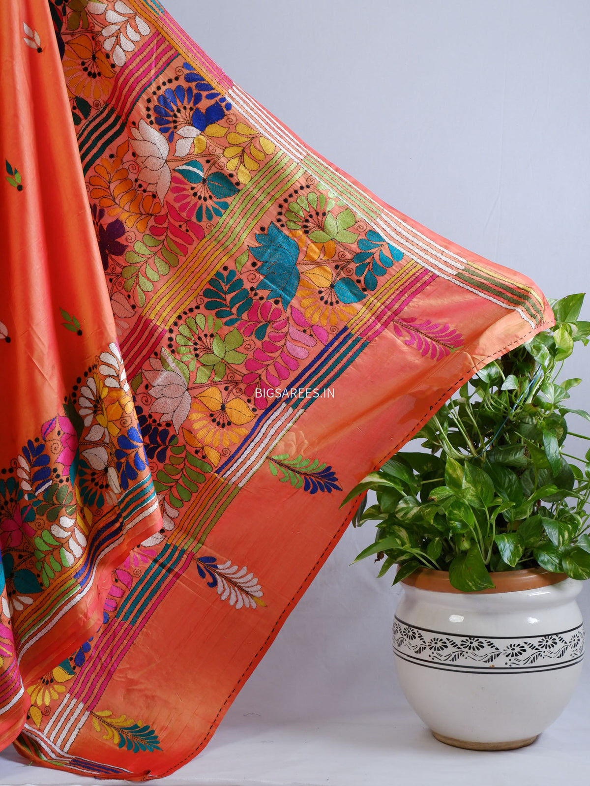 Kantha-Stitch Hand Embroidered Saree | Blended Bangalore Silk / Art Silk | Orange