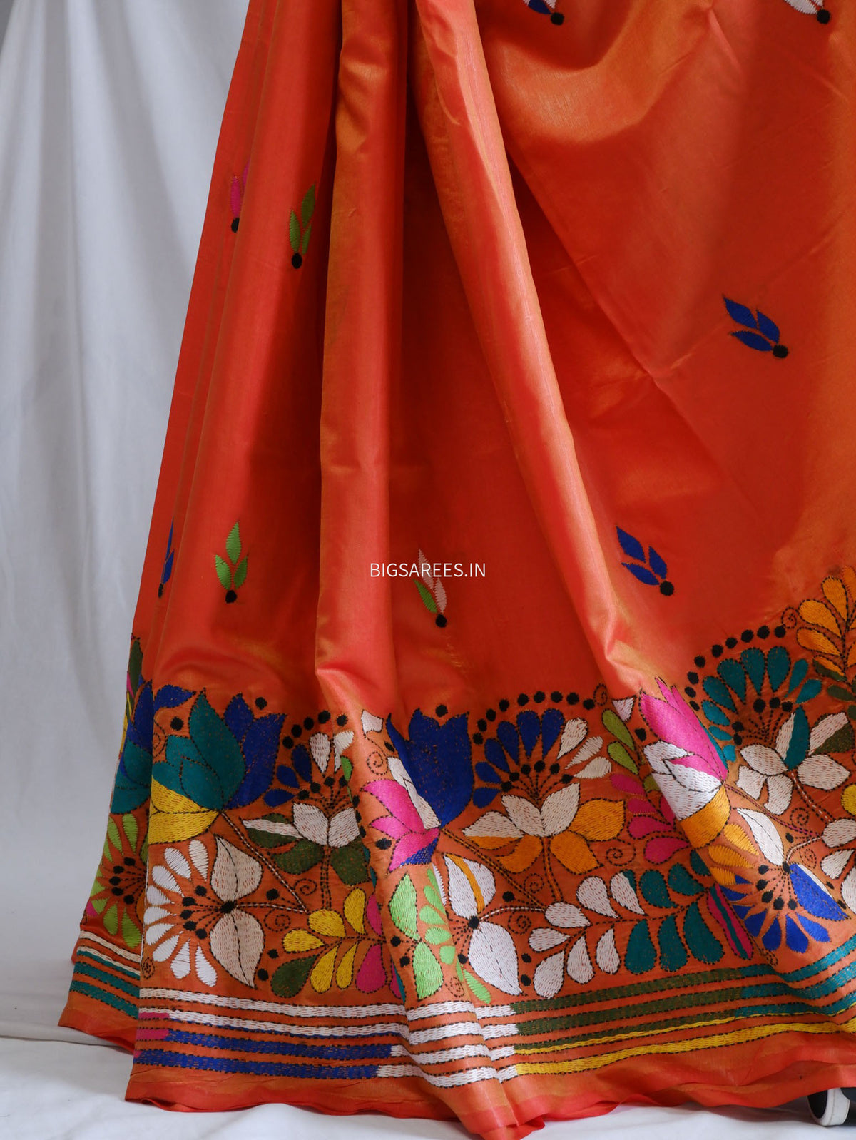 Kantha-Stitch Hand Embroidered Saree | Blended Bangalore Silk / Art Silk | Orange