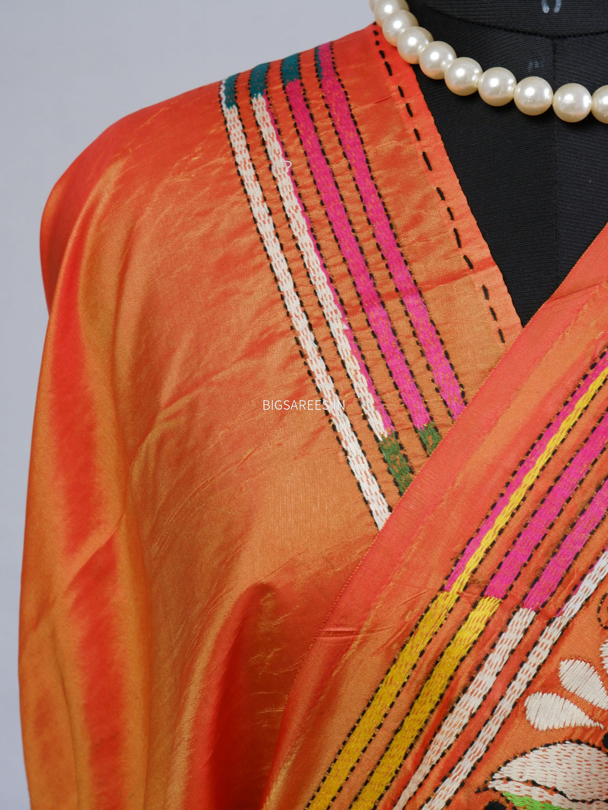Kantha-Stitch Hand Embroidered Saree | Blended Bangalore Silk / Art Silk | Orange