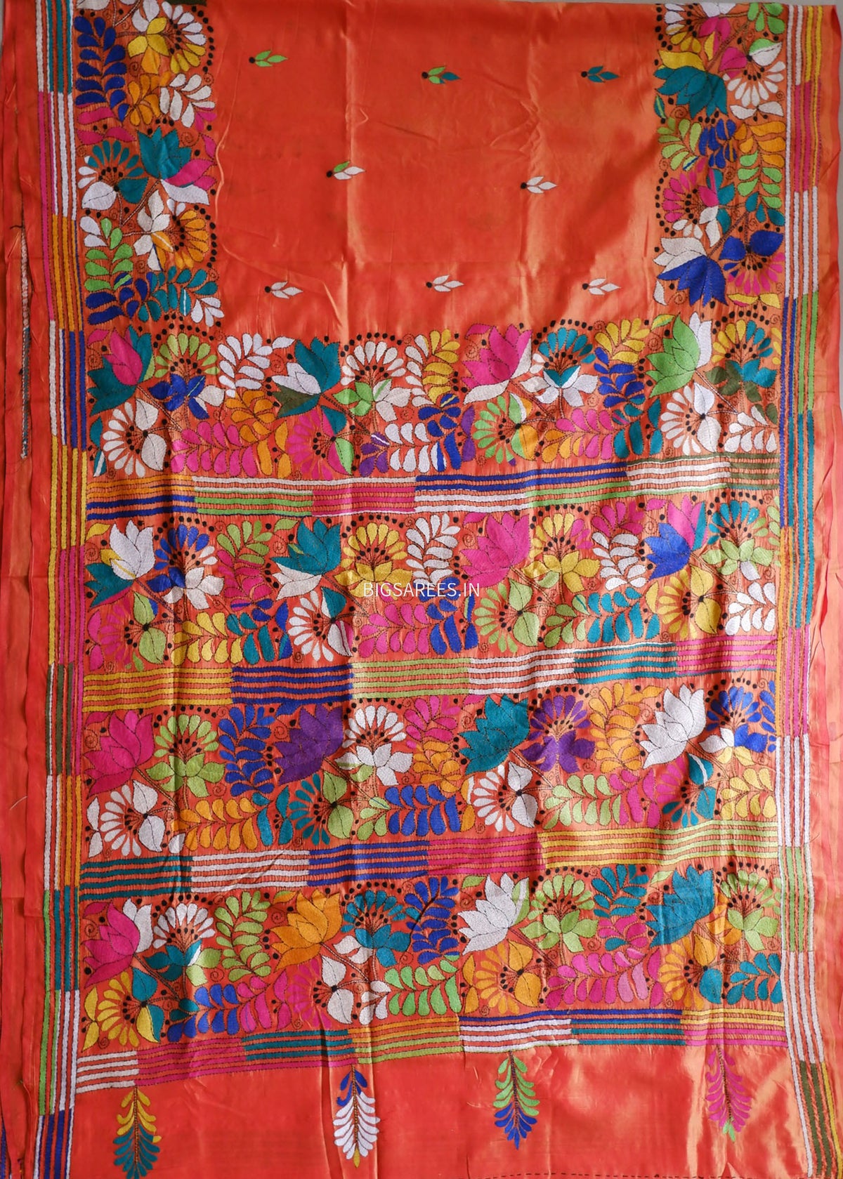 Kantha-Stitch Hand Embroidered Saree | Blended Bangalore Silk / Art Silk | Orange