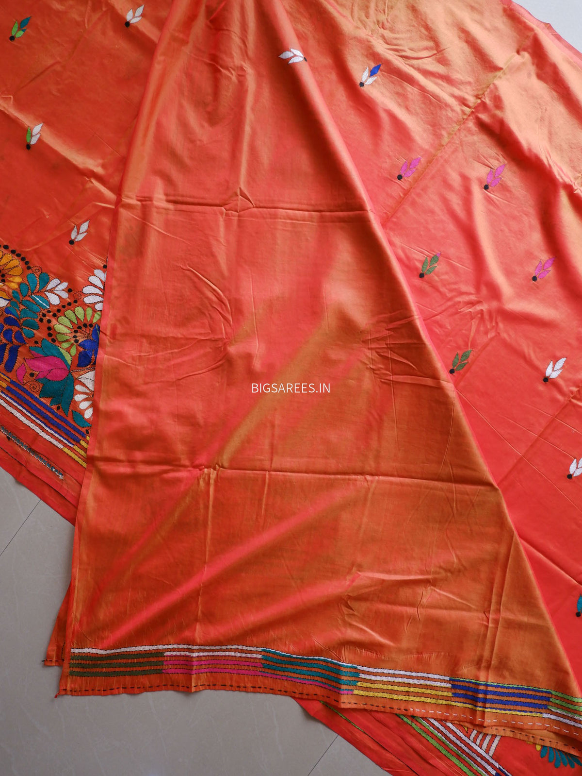 Kantha-Stitch Hand Embroidered Saree | Blended Bangalore Silk / Art Silk | Orange