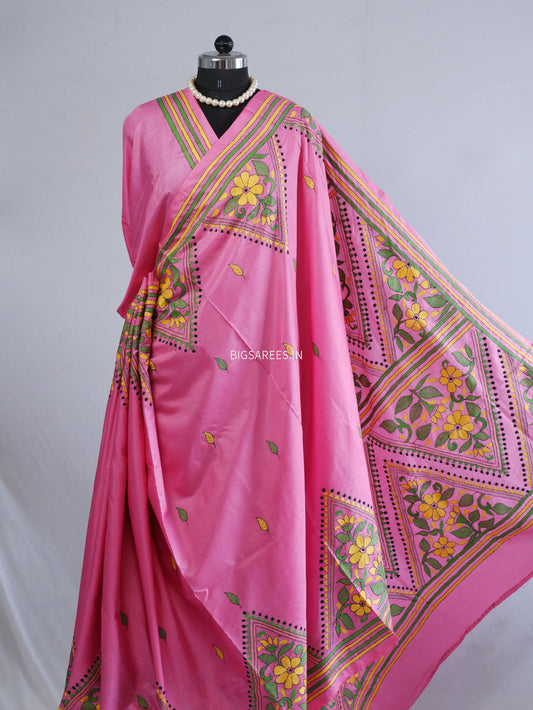 Kantha-Stitch Hand Embroidered Saree | Blended Bangalore Silk / Art Silk | Pink