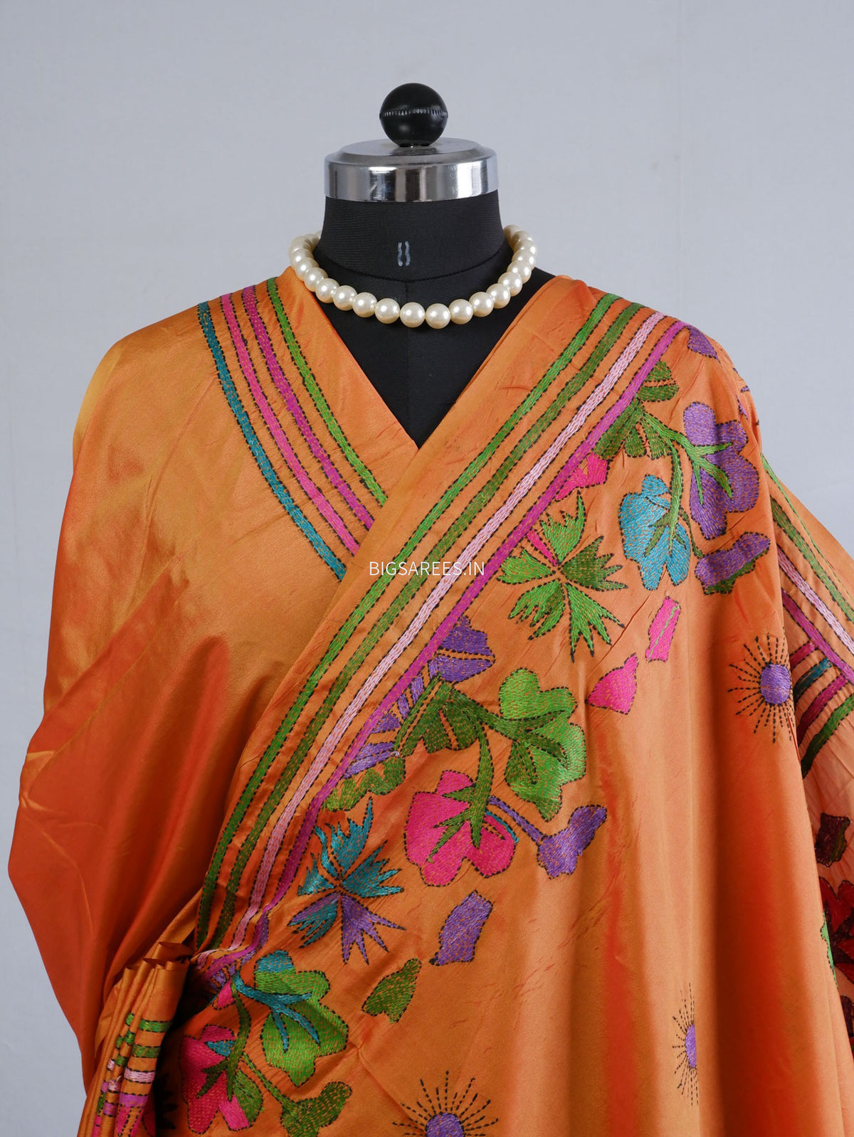 Kantha-Stitch Hand Embroidered Saree | Blended Bangalore Silk / Art Silk | Orange