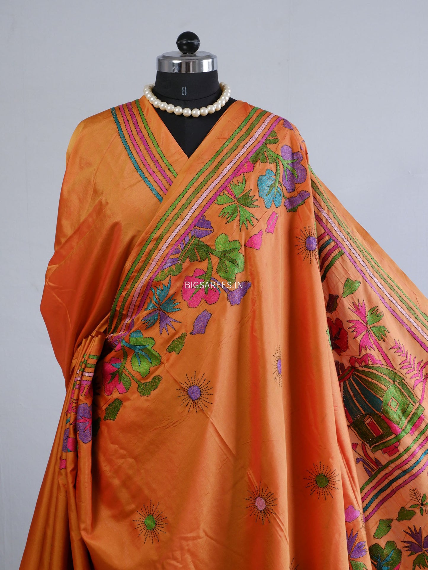 Kantha-Stitch Hand Embroidered Saree | Blended Bangalore Silk / Art Silk | Orange