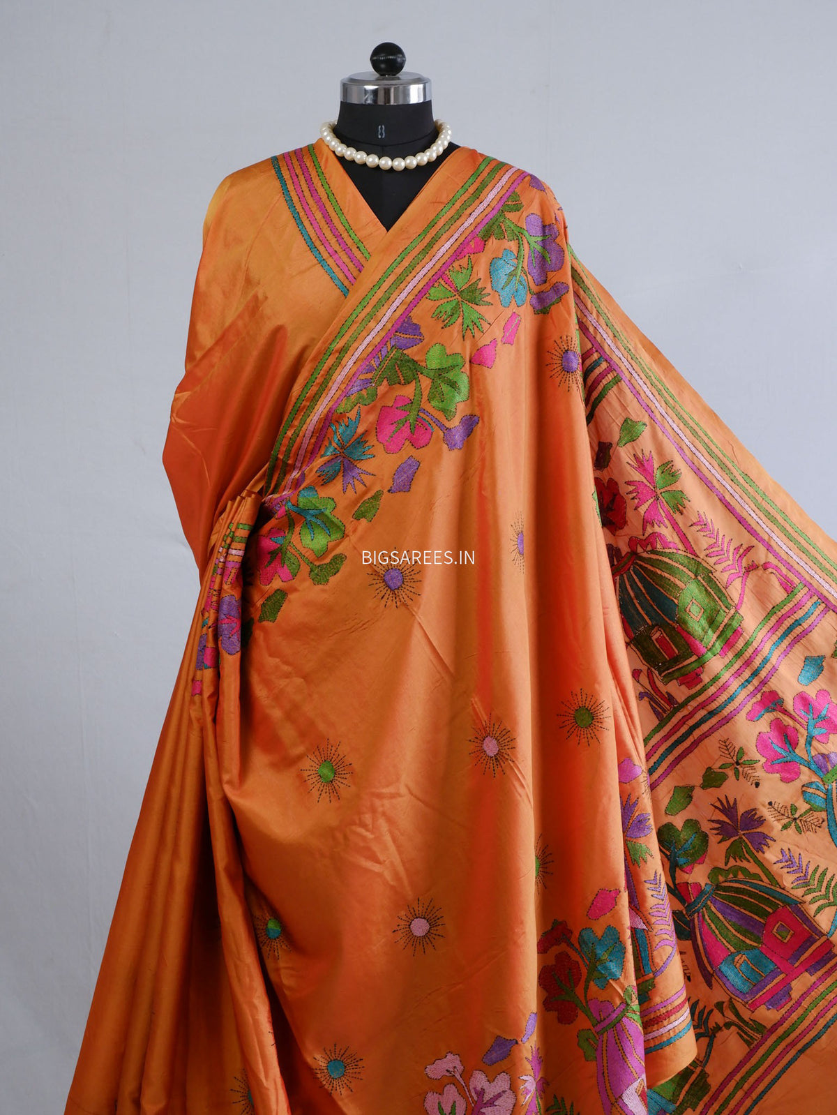 Kantha-Stitch Hand Embroidered Saree | Blended Bangalore Silk / Art Silk | Orange