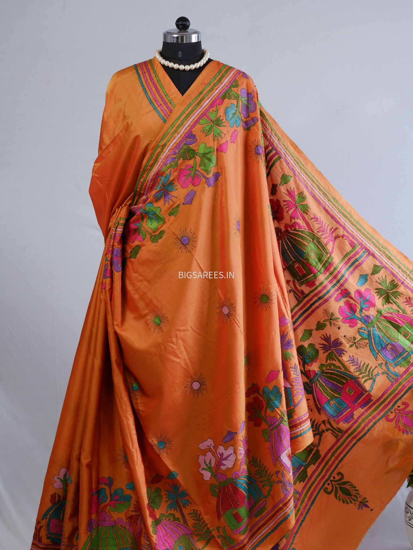 Kantha-Stitch Hand Embroidered Saree | Blended Bangalore Silk / Art Silk | Orange