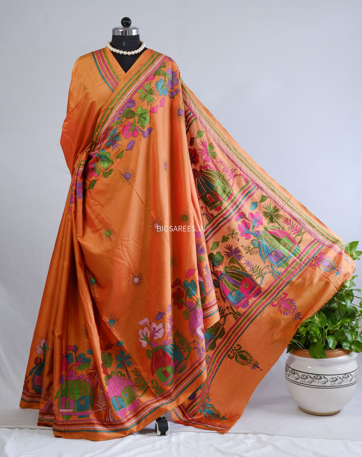 Kantha-Stitch Hand Embroidered Saree | Blended Bangalore Silk / Art Silk | Orange