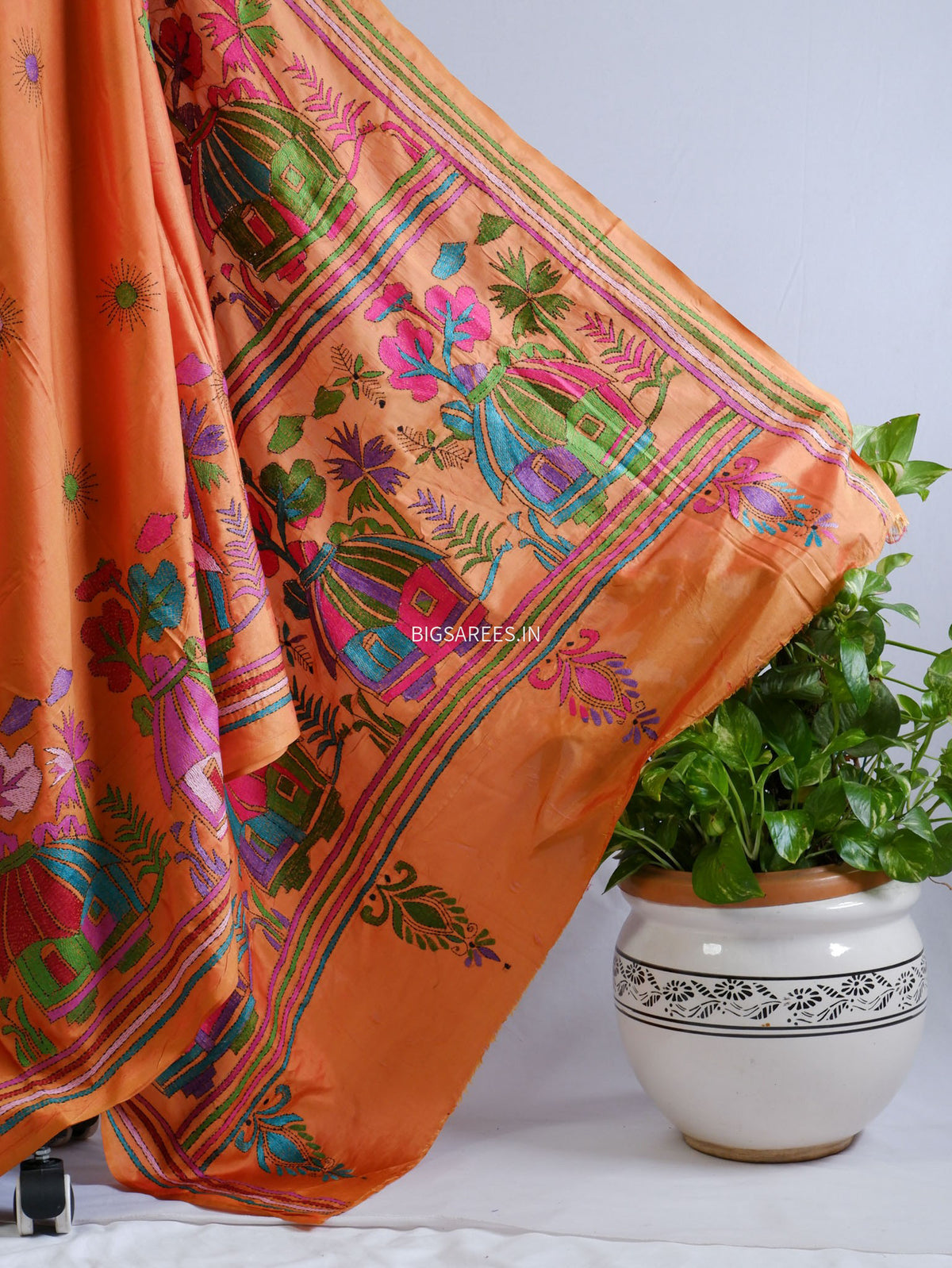 Kantha-Stitch Hand Embroidered Saree | Blended Bangalore Silk / Art Silk | Orange