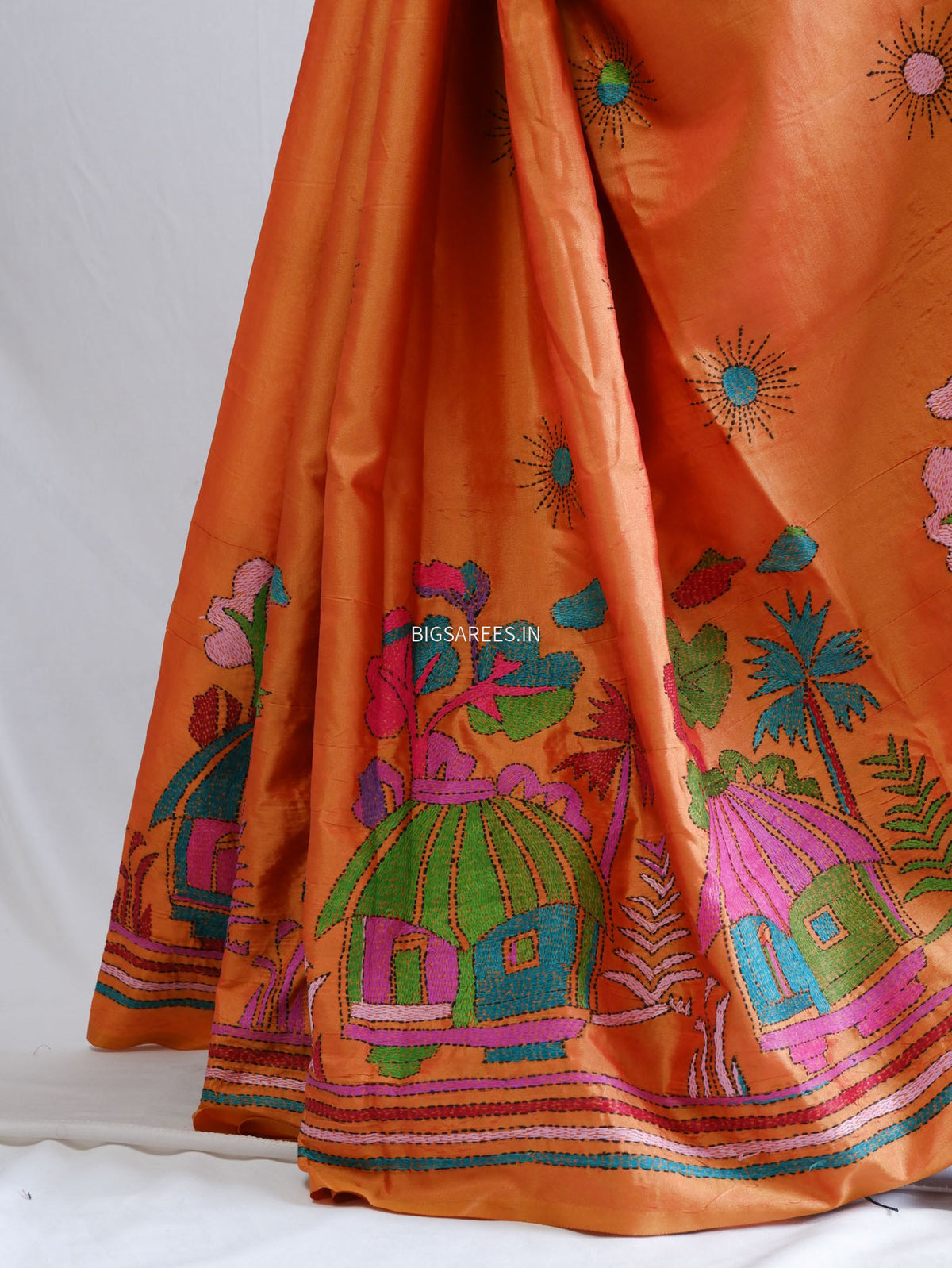 Kantha-Stitch Hand Embroidered Saree | Blended Bangalore Silk / Art Silk | Orange