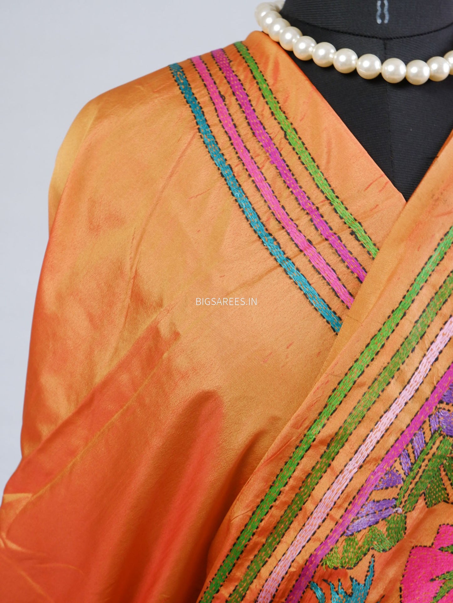 Kantha-Stitch Hand Embroidered Saree | Blended Bangalore Silk / Art Silk | Orange