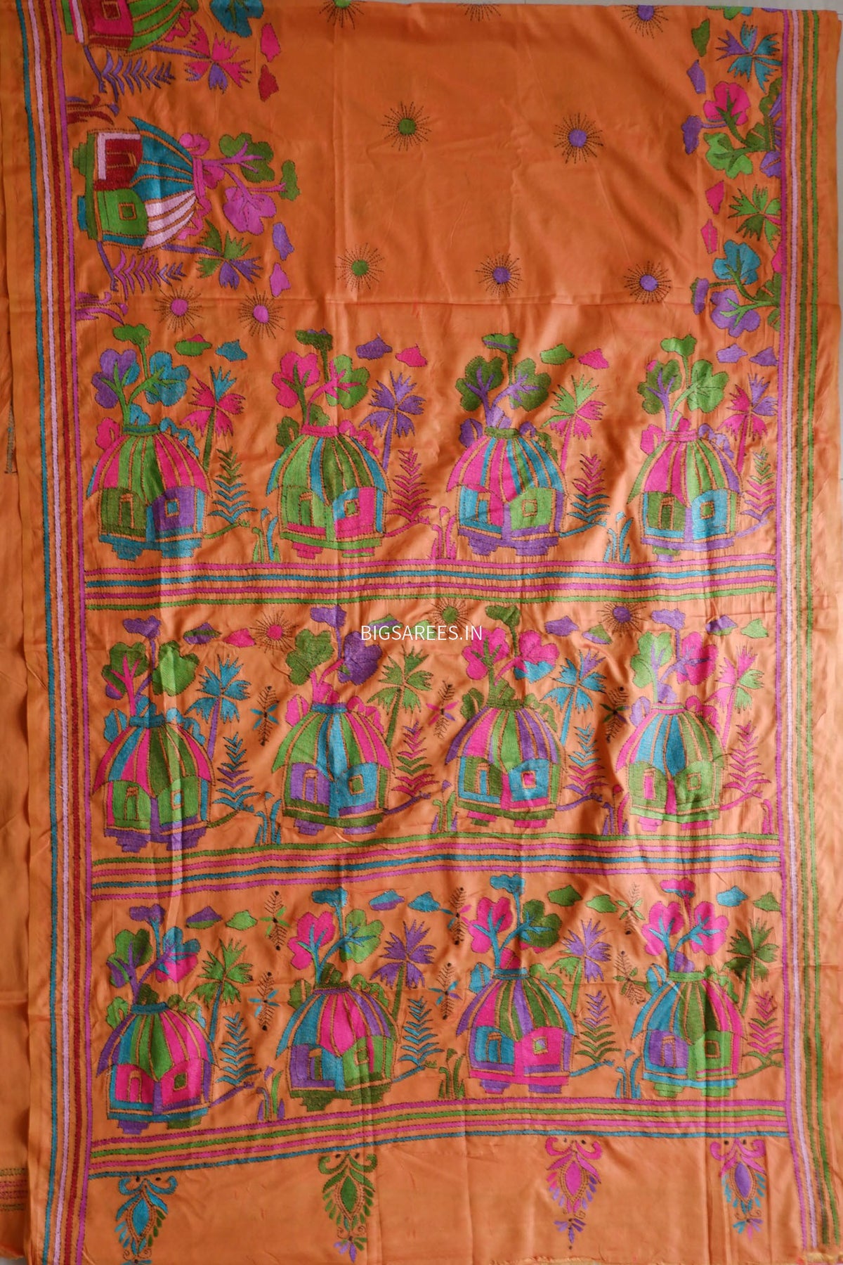 Kantha-Stitch Hand Embroidered Saree | Blended Bangalore Silk / Art Silk | Orange