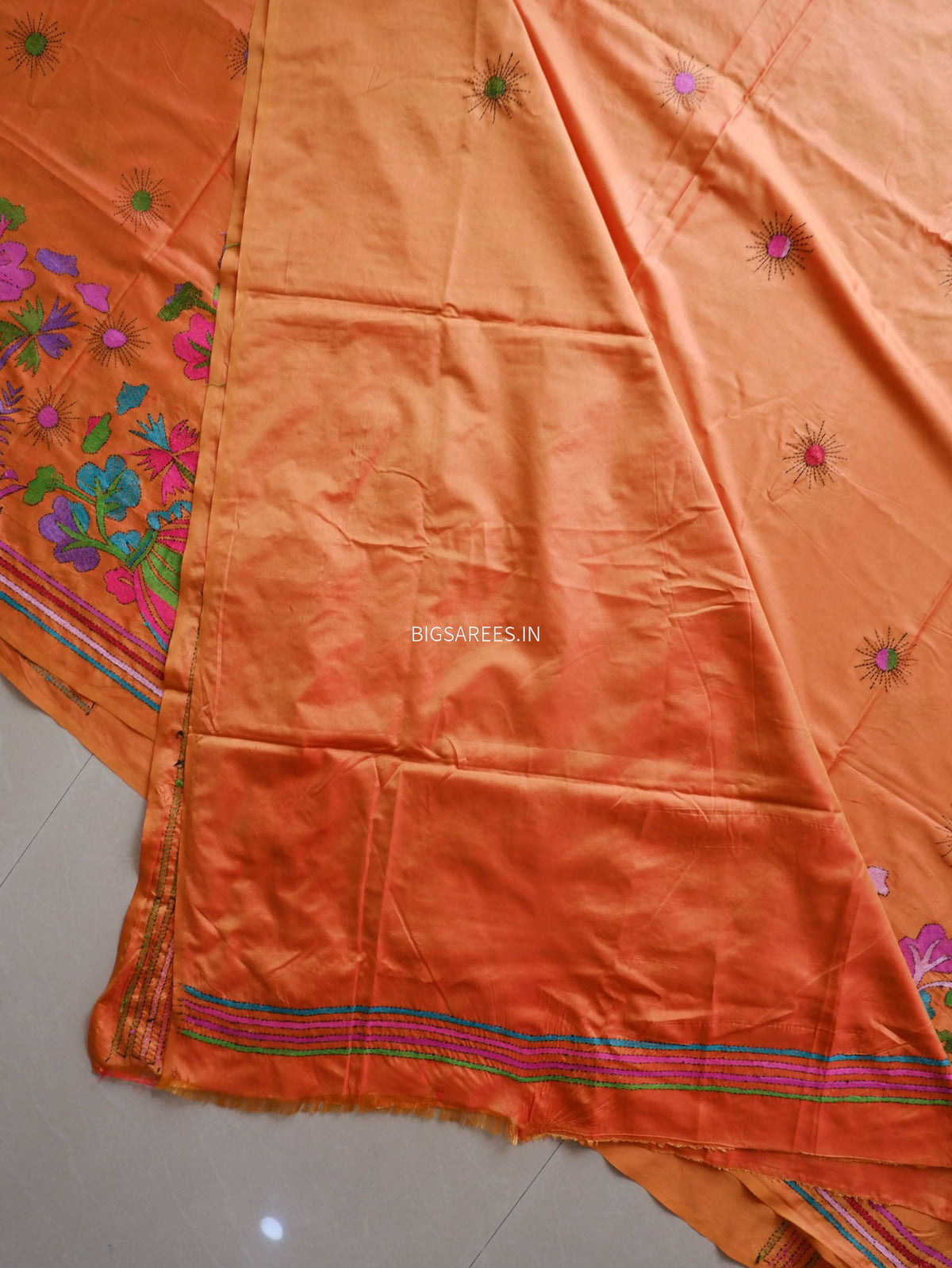 Kantha-Stitch Hand Embroidered Saree | Blended Bangalore Silk / Art Silk | Orange