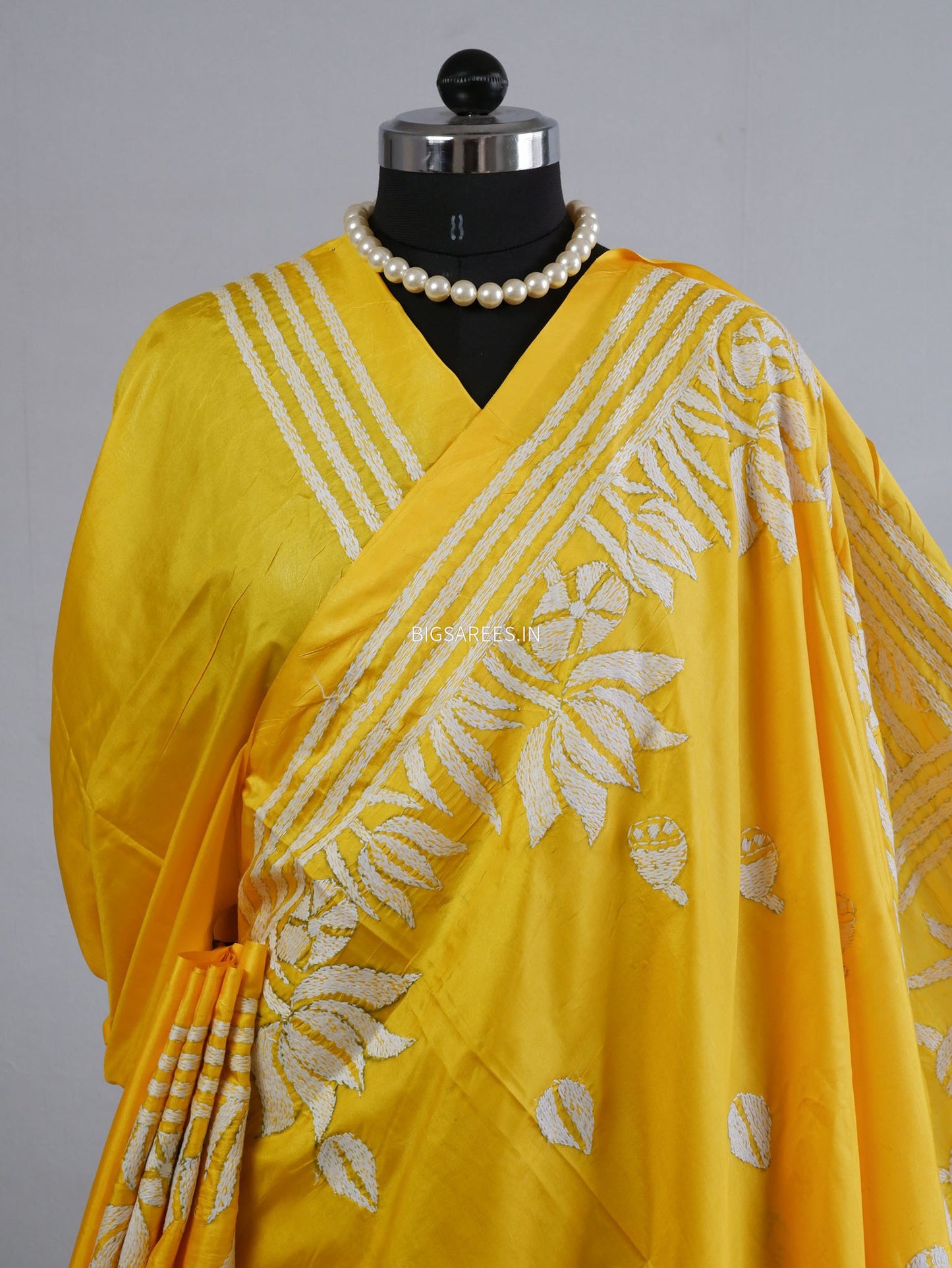 Kantha - Stitch Hand Embroidered Saree| Blended Bangalore Silk / Art Silk | Yellow