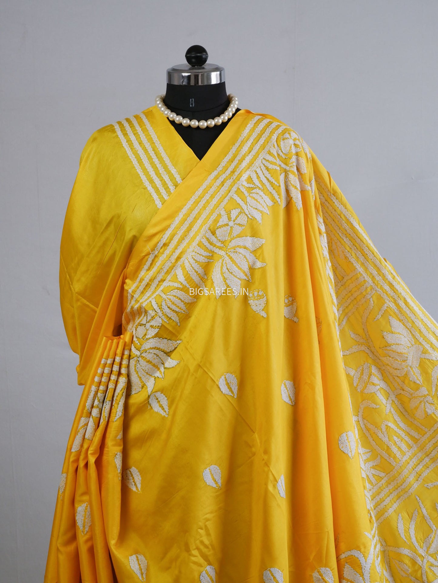 Kantha - Stitch Hand Embroidered Saree| Blended Bangalore Silk / Art Silk | Yellow