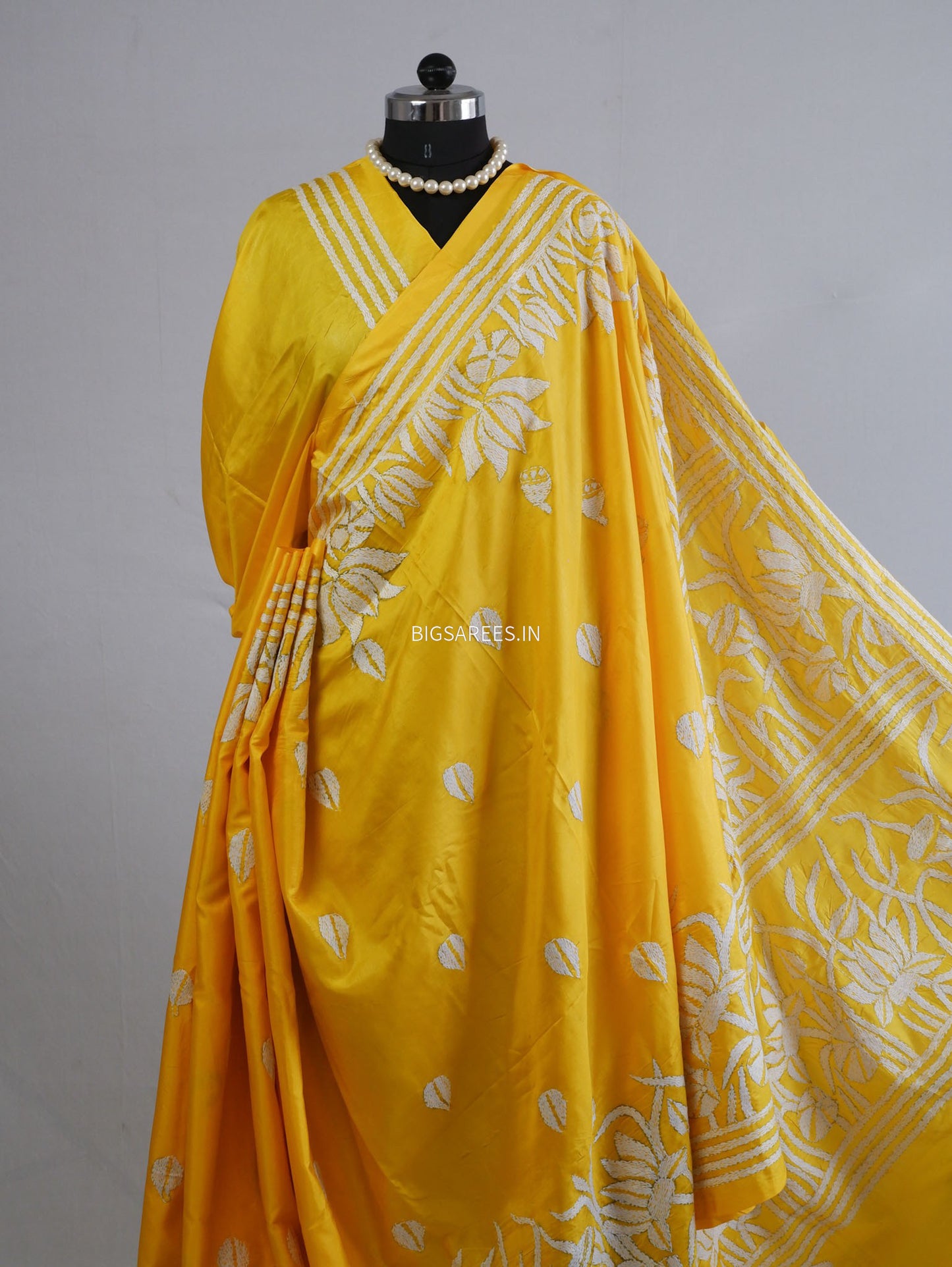 Kantha - Stitch Hand Embroidered Saree| Blended Bangalore Silk / Art Silk | Yellow