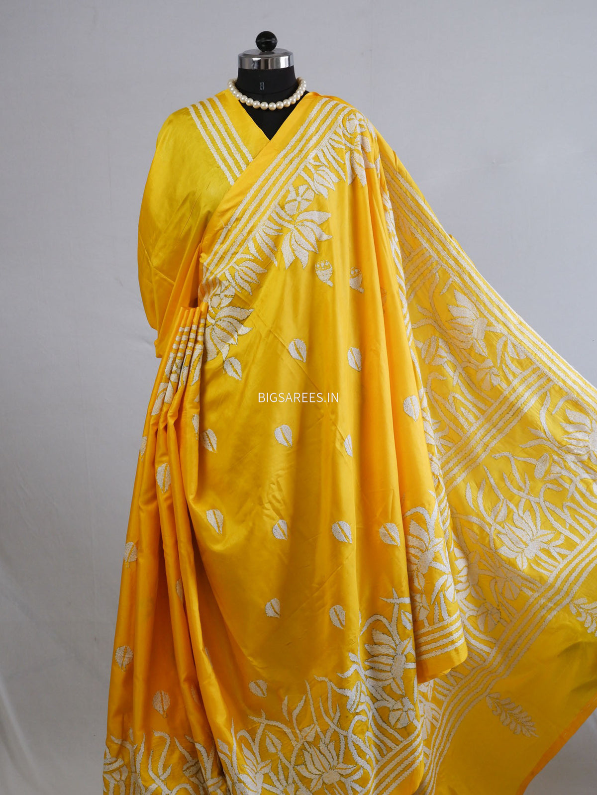 Kantha - Stitch Hand Embroidered Saree| Blended Bangalore Silk / Art Silk | Yellow
