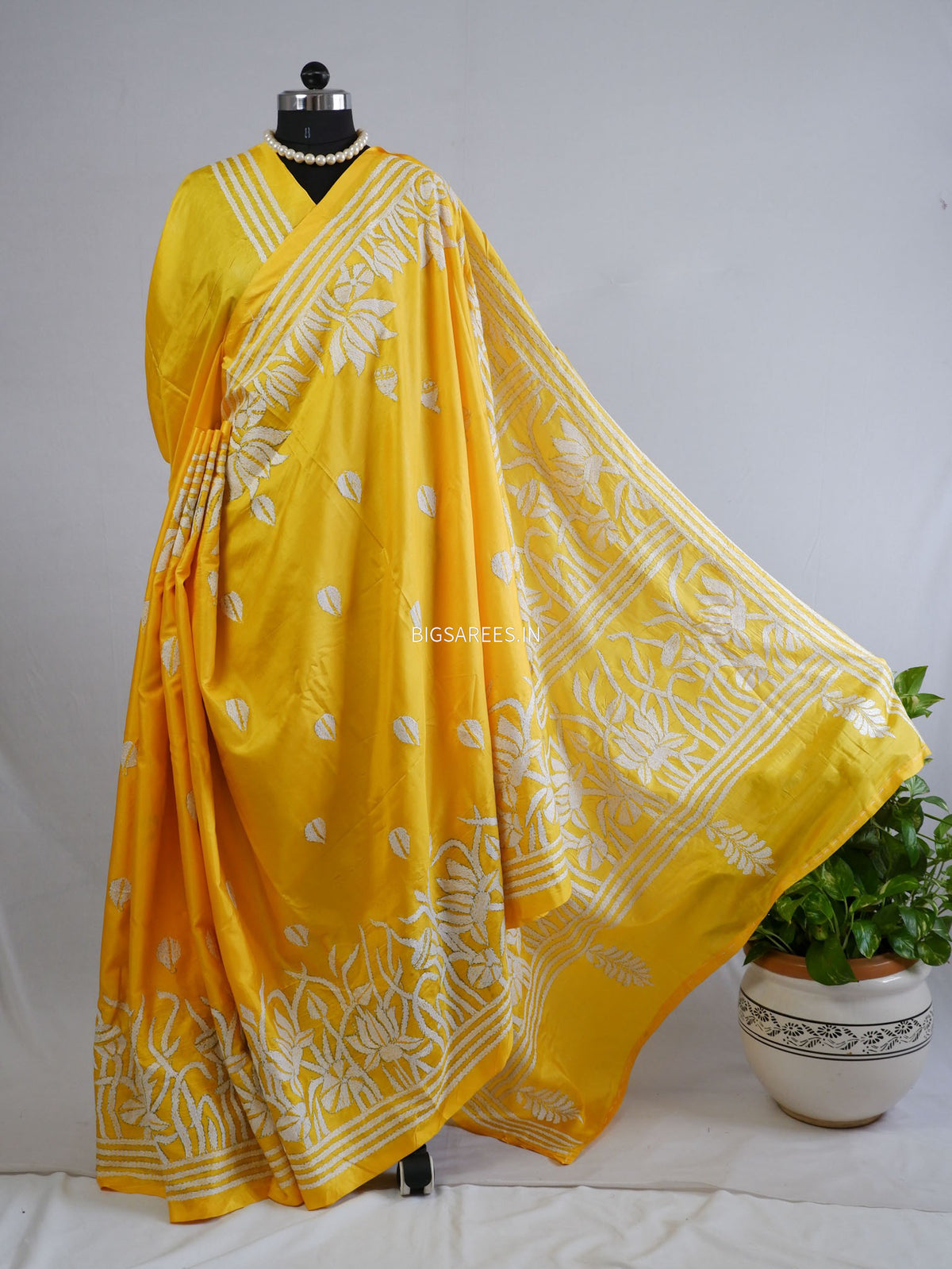 Kantha - Stitch Hand Embroidered Saree| Blended Bangalore Silk / Art Silk | Yellow