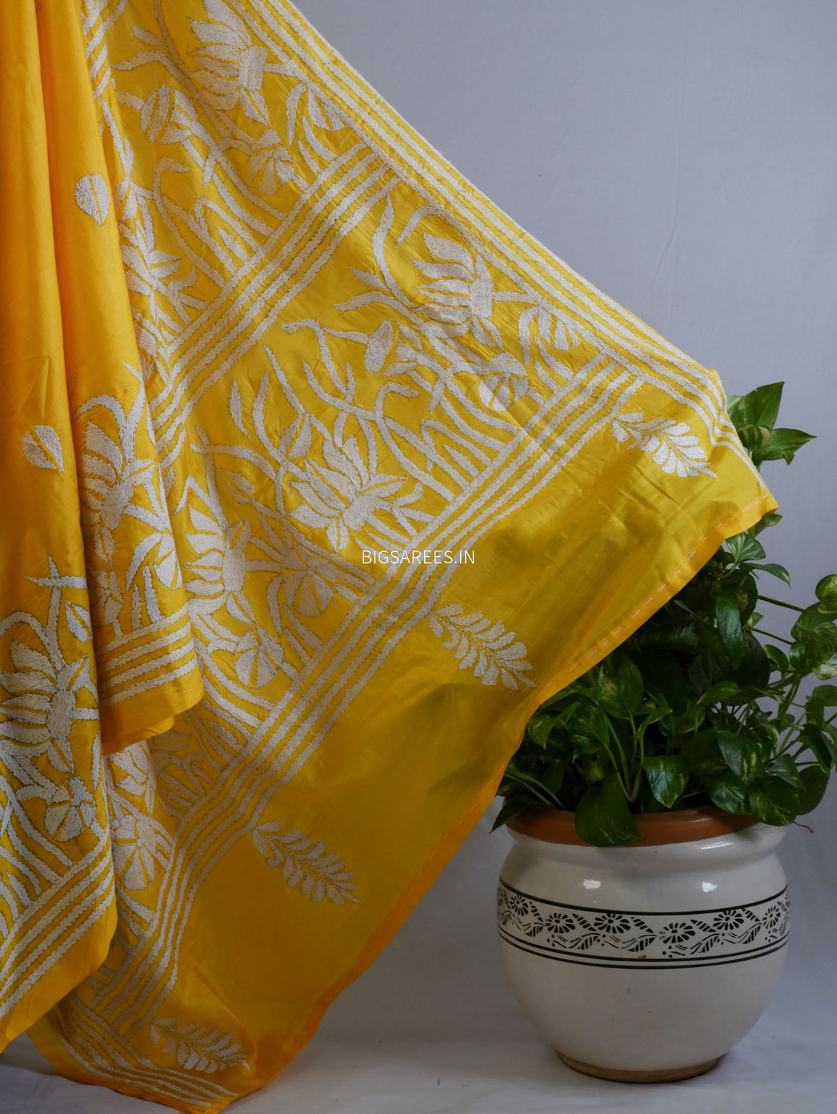 Kantha - Stitch Hand Embroidered Saree| Blended Bangalore Silk / Art Silk | Yellow
