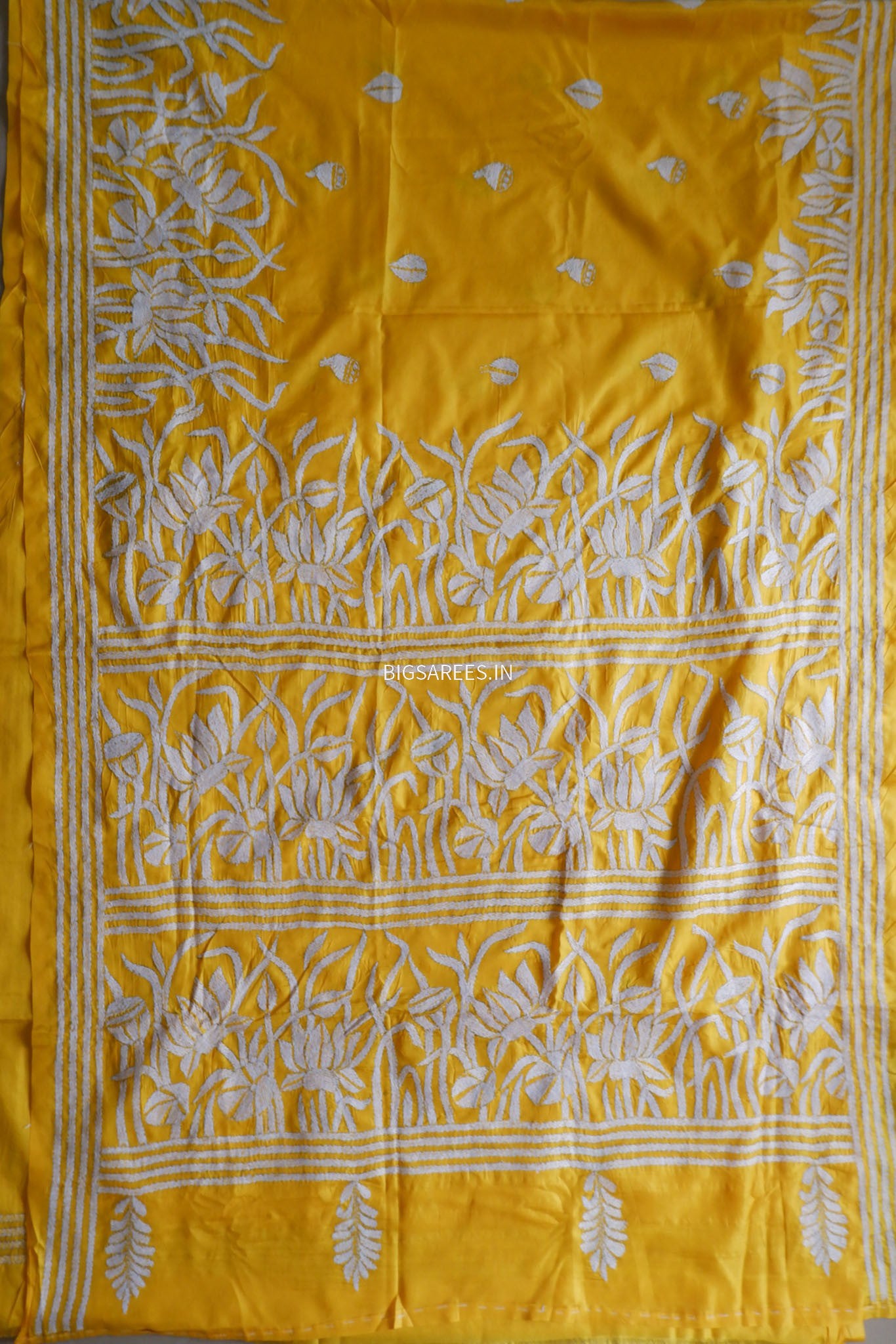Kantha - Stitch Hand Embroidered Saree| Blended Bangalore Silk / Art Silk | Yellow