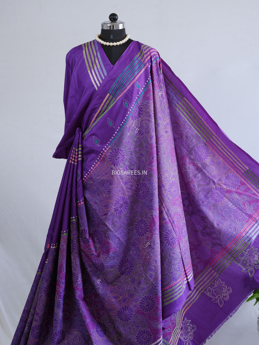 Reverse Kantha - Stitch Hand Embroidered Saree | Art Silk | Purple