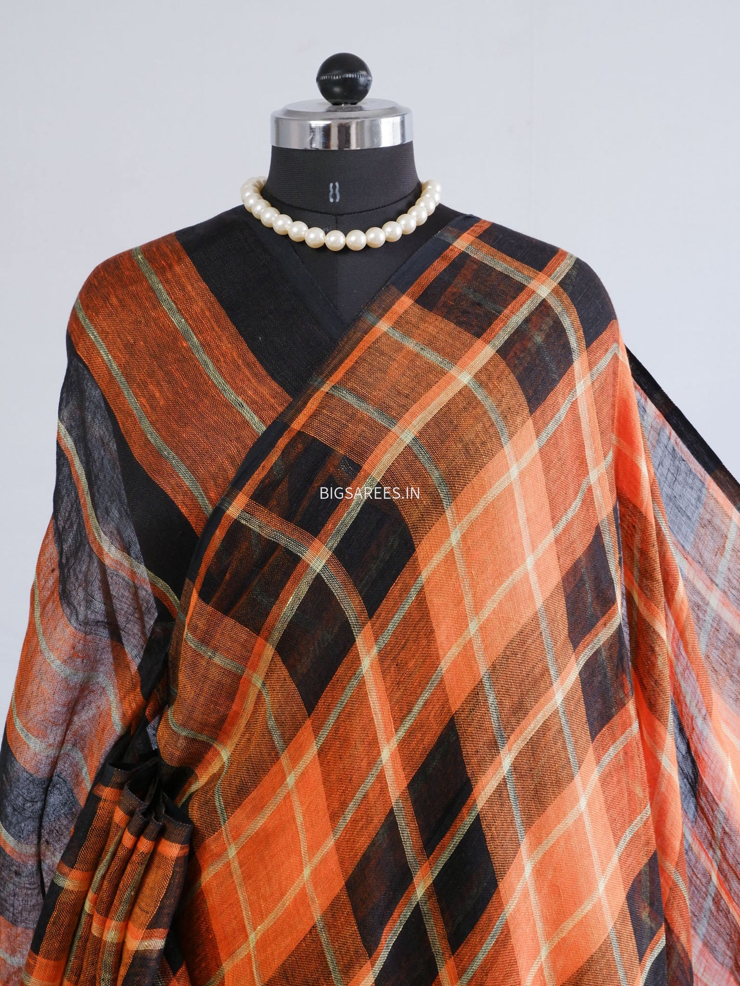 Pure Jayshree Linen Saree | Checks | Orange-Black