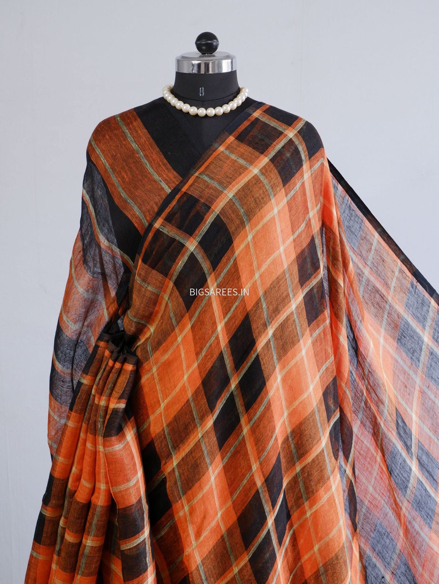 Pure Jayshree Linen Saree | Checks | Orange-Black