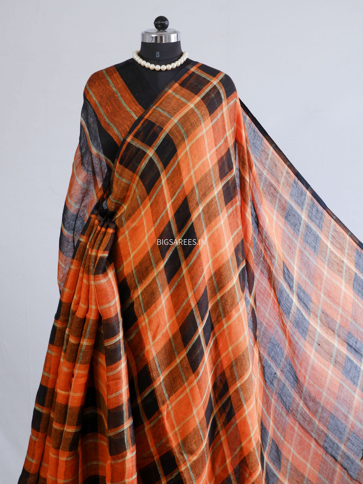 Pure Jayshree Linen Saree | Checks | Orange-Black