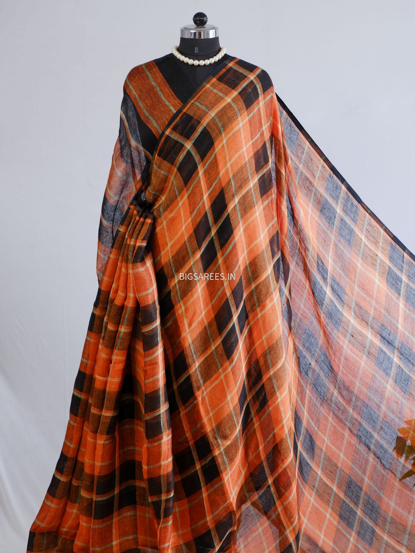 Pure Jayshree Linen Saree | Checks | Orange-Black