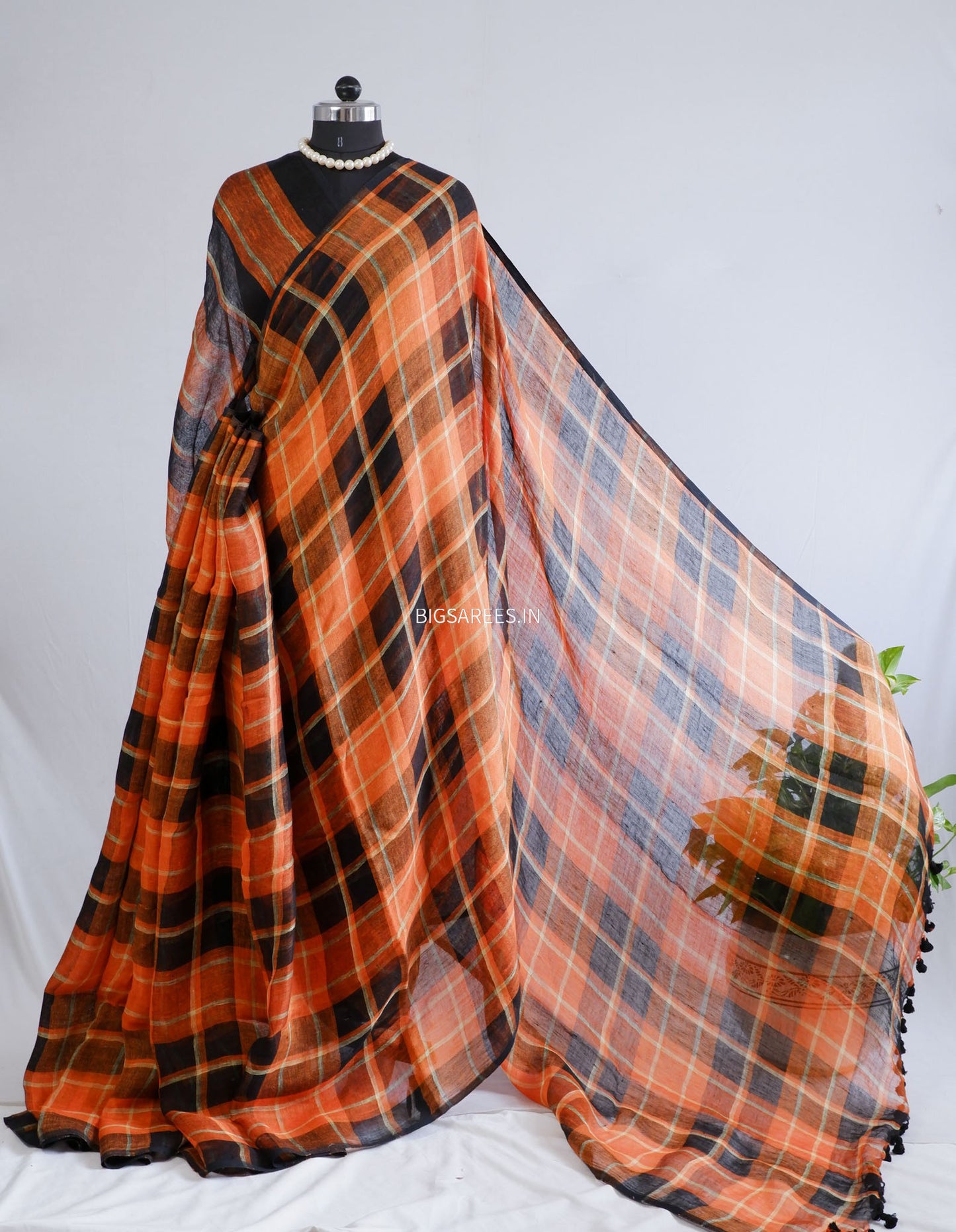Pure Jayshree Linen Saree | Checks | Orange-Black