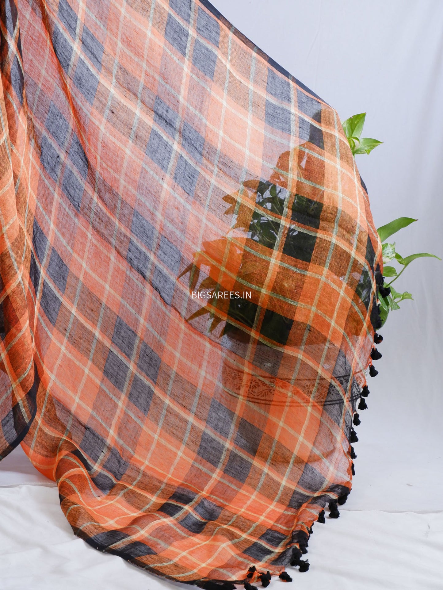 Pure Jayshree Linen Saree | Checks | Orange-Black