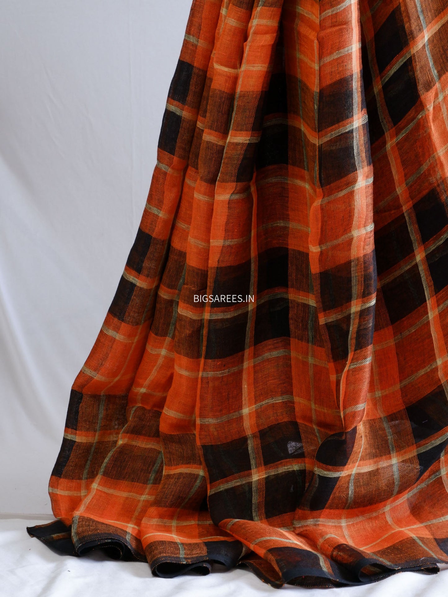 Pure Jayshree Linen Saree | Checks | Orange-Black